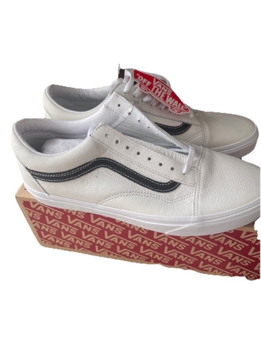 Vans Old Skool White Leather Sneakers with Black Stripe Size 10M